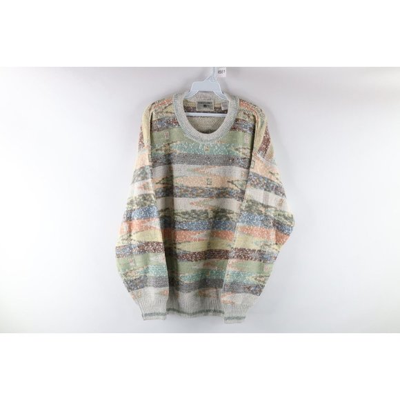 Vintage 90s Coogi Style Mens Large Ed Bassmaster Abstract Rainbow Knit Sweater
